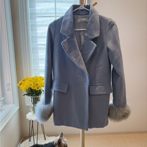 Chic Dusty Blue Wool Coat with Fur Cuffs